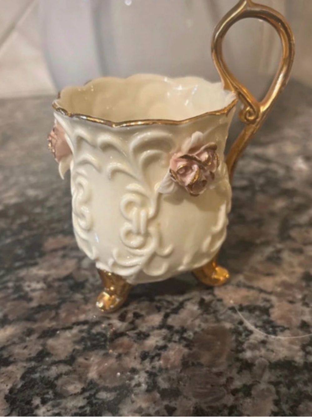 Ornate Ivory Ceramic Accent Cup with Pink Rose and Gold Trim
